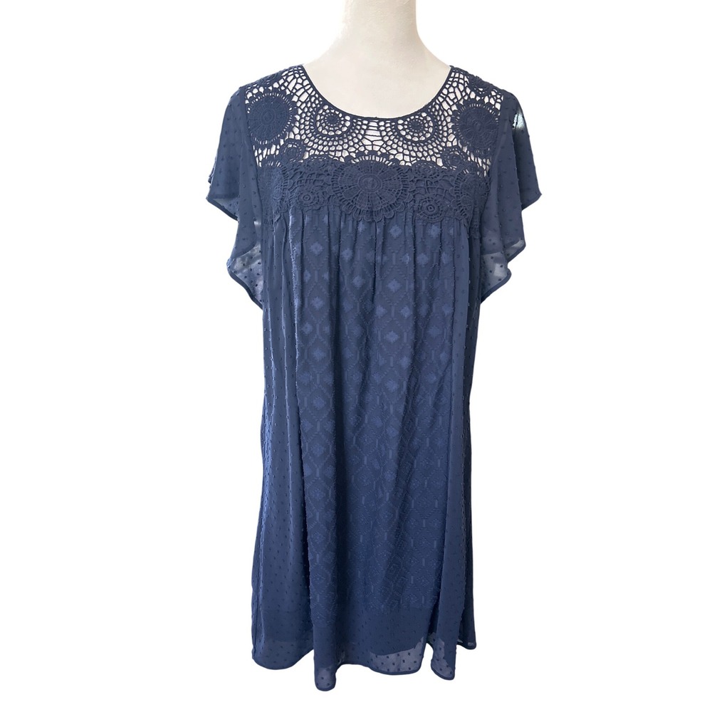 DR2 by Daniel Rainn Navy Blue Crochet Lace Swiss Dot Shift Dress Small